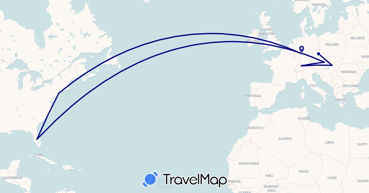 TravelMap itinerary: driving in Austria, Switzerland, Czech Republic, Germany, Hungary, United States (Europe, North America)
